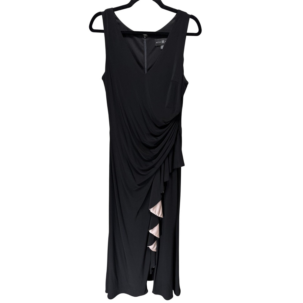 Betsy & Adam Dress Womens 12P Black Sleeveless Ruched Ruffle Maxi Evening Gown